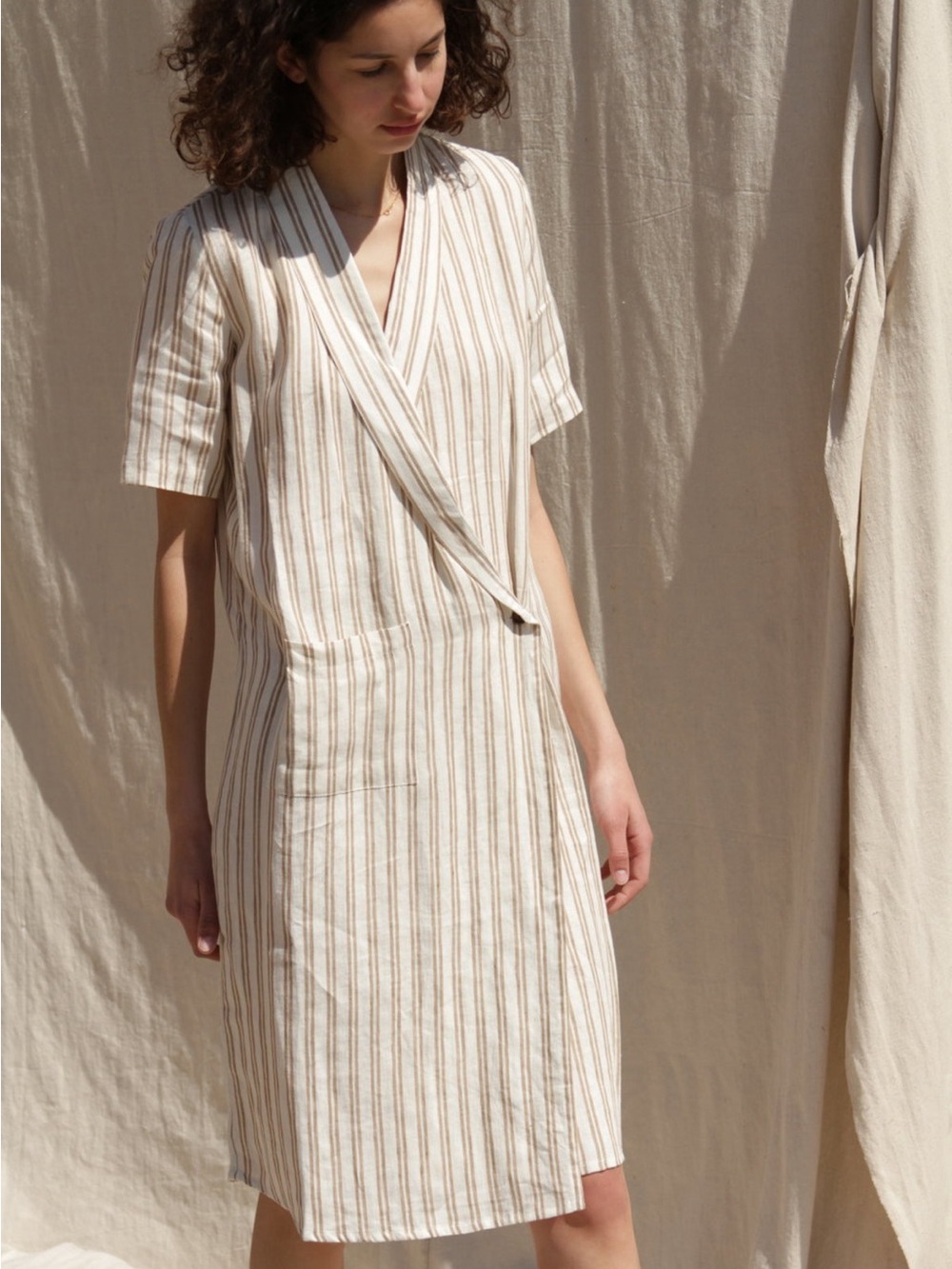 Rita Row Arashi Striped V-Neck Wrap 100% Organic Cotton Dress in Cream & Tab - S - Picture 1 of 12